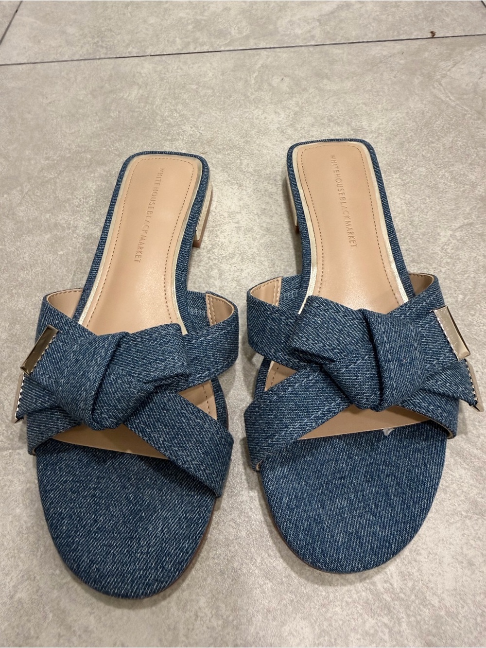 White House Black Market Denim Knot Slide Sandals - Blue